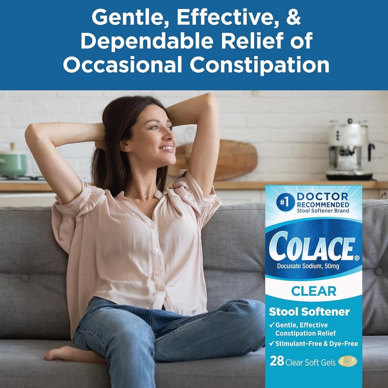COLACE Clear Stool Softener Soft Gel Capsules Constipation Relief 50mg Docusate Sodium Doctor Recommended 28ct - Image 5